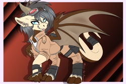 Size: 3000x2000 | Tagged: source needed, safe, artist:red_moonwolf, oc, oc only, oc:auburn "dergy", dracony, dragon, hybrid, pony, goggles, high res, male, mlem, outfit, silly, solo, spread wings, tongue out, wings