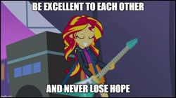 Size: 888x499 | Tagged: safe, edit, edited screencap, editor:lord you know who, screencap, sunset shimmer, equestria girls, g4, my little pony equestria girls: rainbow rocks, bill & ted, female, guitar, heartwarming, imgflip, inspirational, musical instrument, positive ponies