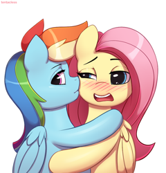 Size: 914x953 | Tagged: safe, artist:tentacless, fluttershy, rainbow dash, pegasus, pony, g4, blushing, cheek kiss, duo, duo female, female, kissing, lesbian, mare, ship:flutterdash, shipping, simple background, white background