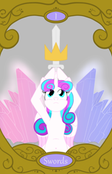 Size: 900x1400 | Tagged: safe, artist:sixes&sevens, princess flurry heart, g4, ace of swords, crown, crystal, jewelry, looking up, raised sword, regalia, sword, tarot card, weapon