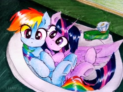 Size: 3096x2322 | Tagged: safe, artist:liaaqila, rainbow dash, twilight sparkle, alicorn, pegasus, pony, bathtub, behaving like a cat, commission, counter, counter top, countertop, cute, dashabetes, eye clipping through hair, faucet, female, if i fits i sits, lesbian, looking at you, shipping, sink, spread wings, traditional art, twiabetes, twidash, twilight sparkle (alicorn), wings