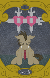 Size: 900x1400 | Tagged: safe, artist:sixes&sevens, doctor whooves, time turner, earth pony, pony, g4, crying, heart, looking down, rain, sword, tarot card, the doctor, three of swords, weapon