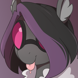 Size: 1850x1850 | Tagged: safe, artist:crimmharmony, oc, oc only, oc:mimicry, original species, female, goggles, purple changeling, solo, tongue out