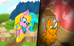 Size: 1600x1000 | Tagged: safe, artist:noblebrony317, oc, oc only, oc:mela, oc:nail bit, pegasus, pony, 2 panel comic, accidental vore, comic, door, endosoma, giant pony, guard armor, house, internal, macro, non-fatal vore, phone, royal guard, stomach, unaware, unaware vore, village, vore