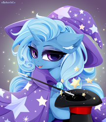 Size: 5000x5760 | Tagged: safe, artist:xsatanielx, trixie, pony, unicorn, rcf community, g4, absurd resolution, cheek fluff, ear fluff, female, floppy ears, hat, magic wand, mare, open mouth, solo, stars, top hat, wand