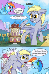 Size: 2000x3000 | Tagged: safe, artist:tsitra360, derpy hooves, rainbow dash, pegasus, pony, comic:the last roundup resized, g4, the last roundup, comic, destruction, female, giant derpy hooves, giant pegasus, giant pony, giantess, high res, i just don't know what went wrong, macro, open mouth, ponyville, town hall