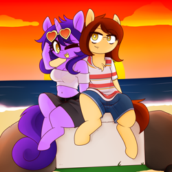 Size: 2500x2500 | Tagged: safe, artist:fullmetalpikmin, oc, oc:amethyst sniper, oc:bajo, anthro, amejo, arm hooves, beach, belly button, bikini, bikini top, breasts, clothes, female, high res, male, mare, one eye closed, rock, see-through, shorts, sitting, stallion, sun, sunset, swimsuit, water, wink