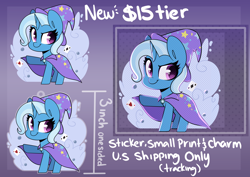 Size: 7016x4961 | Tagged: safe, artist:sakukitty, trixie, pony, unicorn, g4, acrylic charm, advertisement, cape, chibi, clothes, female, hat, mare, patreon, playing card, print, sticker