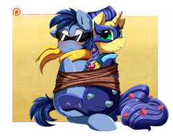Size: 3215x2540 | Tagged: safe, artist:pridark, idw, blues, noteworthy, radiance, earth pony, pony, unicorn, g4, bluesdiance, blushing, bondage, bound together, chest fluff, clothes, crossover, duo, female, green gardener, high res, male, mare, mask, mega man (series), patreon, patreon logo, patreon reward, power ponies, protoman, rope, scarf, shipping, simple background, stallion, straight, sunglasses, tied up