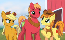 Size: 2052x1279 | Tagged: safe, artist:xbi, applejack, big macintosh, braeburn, earth pony, pony, g4, barn, brother and sister, clothes, cowboy hat, female, hat, horse collar, male, mare, siblings, stallion, talking, trio, underhoof, vest