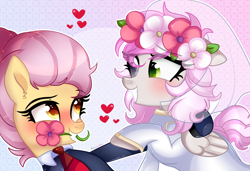 Size: 3032x2077 | Tagged: safe, artist:2pandita, oc, oc only, oc:pandita, oc:tender mist, pegasus, pony, clothes, dress, female, flower, high res, lesbian, mare, rose, suit