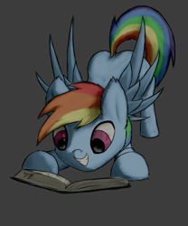 Size: 2000x2400 | Tagged: safe, artist:tunrae, rainbow dash, pegasus, pony, g4, book, cute, dashabetes, excited, female, high res, reading, simple background, smiling, solo, spread wings, tail, wings