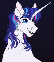 Size: 1750x2000 | Tagged: safe, artist:eeelt, shining armor, pony, unicorn, g4, alternate mane color, black background, chin fluff, horn, male, open mouth, redesign, simple background, smiling, solo, stallion