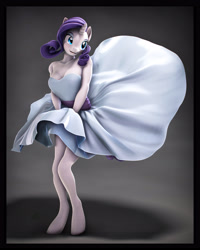 Size: 4000x5000 | Tagged: safe, artist:imafutureguitarhero, rarity, unicorn, anthro, unguligrade anthro, g4, 3d, absurd resolution, bare hooves, blushing, border, chromatic aberration, clothes, colored eyebrows, dress, eyeshadow, female, film grain, legs, makeup, mare, marilyn monroe, nose wrinkle, open mouth, revamped anthros, revamped ponies, shadow, signature, skirt, skirt blow, smiling, solo, source filmmaker, the seven year itch