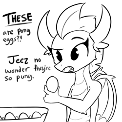 Size: 3000x3000 | Tagged: safe, artist:tjpones, smolder, dragon, g4, black and white, egg, egg carton, female, food, grayscale, high res, lineart, monochrome, sexually oblivious, simple background, solo, white background