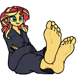 Size: 768x768 | Tagged: safe, artist:thatradhedgehog, sunset shimmer, equestria girls, g4, base used, bathrobe, clothes, feet, fetish, foot fetish, foot focus, robe, simple background, soles, solo, transparent background