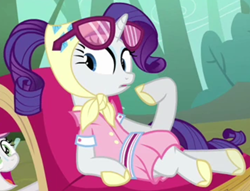 Size: 1108x847 | Tagged: safe, screencap, rarity, sweetie belle, pony, g4, sleepless in ponyville, camping outfit, clothes, cropped, dress, female, mare, solo focus, sunglasses