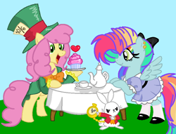 Size: 750x572 | Tagged: safe, artist:circuspaparazzi5678, artist:drchrissy, edit, angel bunny, li'l cheese, oc, oc:rainbow blitz, earth pony, pegasus, pony, g4, the last problem, alice in wonderland, base used, clothes, cupcake, dress, ear piercing, earring, food, jewelry, mad hatter, magical lesbian spawn, multicolored hair, offspring, older li'l cheese, parent:fluttershy, parent:rainbow dash, parents:flutterdash, piercing, rainbow hair, rainbow makeup, tea