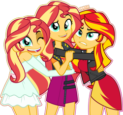 Size: 5000x4656 | Tagged: safe, artist:orin331, sunset shimmer, equestria girls, g4, absurd resolution, alternate design, breasts, busty sunset shimmer, clothes, cute, digital art, female, frown, hug, looking at you, one eye closed, self paradox, shimmerbetes, simple background, skirt, smiling, sunset shimmer day, transparent background, triality, trio, wink