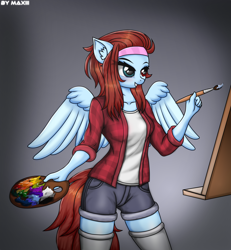 Size: 2910x3147 | Tagged: safe, artist:maxiclouds, oc, oc only, oc:cloud fly, pegasus, anthro, clothes, easel, female, high res, paintbrush, palette, shorts, skirt, smiling, socks, solo, striped socks, thigh highs, wings