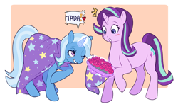 Size: 1488x915 | Tagged: safe, artist:cherivinca, starlight glimmer, trixie, pony, unicorn, g4, blushing, bouquet, cape, clothes, duo, female, flower, glowing horn, hat, horn, lesbian, magic, mare, ship:startrix, shipping, speech bubble, telekinesis