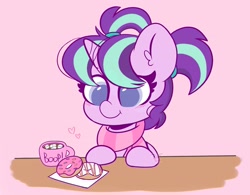 Size: 2799x2187 | Tagged: safe, artist:kittyrosie, starlight glimmer, pony, unicorn, g4, blushing, chocolate, clothes, colored pupils, cute, donut, female, filly, filly starlight glimmer, food, glimmerbetes, gradient background, heart, high res, hot chocolate, marshmallow, mug, pigtails, scarf, smiling, solo, younger