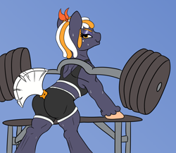 Size: 2550x2210 | Tagged: safe, artist:da52, oc, oc only, oc:beatrice, earth pony, pony, abstract background, bench, butt, clothes, colored, compression shorts, dumbbell (object), female, flat colors, gym, high res, looking at you, looking back, mare, muscles, muscular female, plot, simple background, skintight clothes, strong mare, sweat, tank top, weight lifting, weights