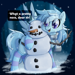 Size: 2000x2000 | Tagged: safe, artist:lionbun, oc, oc only, oc:winter love, pegasus, pony, big eyes, carrot, clothes, cute, female, food, high res, mare, scarf, snow, snowfall, snowman, socks, solo, stockings, striped scarf, striped socks, thigh highs, winter