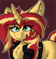 Size: 1525x1602 | Tagged: safe, artist:llametsul, sunset shimmer, pony, unicorn, g4, bust, chest fluff, clothes, ear fluff, eye clipping through hair, female, horn, jacket, mare, solo