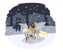 Size: 1680x1393 | Tagged: safe, artist:bizmarck, derpy hooves, doctor whooves, time turner, earth pony, pegasus, pony, wolf, g4, clothes, female, fourth doctor, male, mare, ponies riding ponies, riding, scarf, ship:doctorderpy, shipping, snow, snowfall, stallion, story included, straight