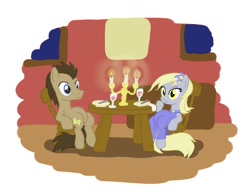 Size: 1512x1179 | Tagged: safe, artist:bizmarck, derpy hooves, doctor whooves, time turner, earth pony, pegasus, pony, g4, candle, chair, clothes, dress, female, male, mare, meme, ship:doctorderpy, shipping, sitting, sitting lyra, sitting lyra style, stallion, story included, straight