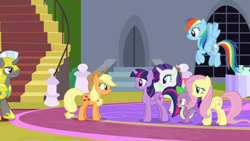 Size: 1920x1080 | Tagged: safe, screencap, applejack, fluttershy, rainbow dash, rarity, spike, twilight sparkle, alicorn, dragon, earth pony, pegasus, pony, unicorn, g4, the ending of the end, female, male, mare, royal guard, stallion, twilight sparkle (alicorn), unicorn royal guard, winged spike, wings