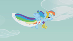 Size: 1280x720 | Tagged: safe, screencap, rainbow dash, pegasus, pony, g4, suited for success, clothes, dress, female, gala dress, lidded eyes, mare, solo