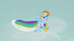 Size: 1280x720 | Tagged: safe, screencap, rainbow dash, pegasus, pony, g4, suited for success, clothes, dress, female, gala dress, mare, solo