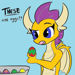 Size: 1024x1024 | Tagged: safe, artist:tjpones edits, color edit, edit, smolder, dragon, g4, colored, easter egg, egg, egg carton, female, food, grayscale, lineart, monochrome, simple background, solo