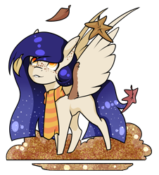 Size: 1949x2160 | Tagged: safe, artist:oneiria-fylakas, oc, oc only, oc:autumn night, pegasus, pony, chibi, clothes, female, leaves, mare, scarf, simple background, solo, transparent background