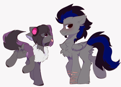 Size: 1648x1182 | Tagged: safe, artist:php146, oc, oc only, oc:mimicry, oc:shade, original species, pegasus, pony, butt fluff, chest fluff, eye clipping through hair, floppy ears, fluffy, purple changeling, scar, simple background, tongue out