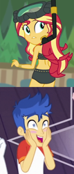 Size: 606x1422 | Tagged: safe, edit, edited screencap, screencap, flash sentry, sunset shimmer, equestria girls, equestria girls specials, g4, my little pony equestria girls: better together, my little pony equestria girls: spring breakdown, unsolved selfie mysteries, ass, backless, beach shorts swimsuit, bikini, blushing, bunset shimmer, butt, clothes, comparison, cropped, dive mask, female, looking back, male, midriff, rear view, ship:flashimmer, shipping, shipping domino, sleeveless, snorkel, starry eyes, straight, sunset shimmer's beach shorts swimsuit, swimsuit, wingding eyes