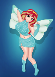 Size: 1739x2419 | Tagged: safe, artist:anonix123, sunset shimmer, fairy, human, equestria girls, g4, bloom (winx club), boots, breasts, busty sunset shimmer, clothes, cosplay, costume, crossover, crown, fairy wings, fairyized, fingerless gloves, gloves, high heel boots, high heels, human coloration, jewelry, magic winx, regalia, shoes, wings, winx club