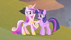 Size: 1920x1080 | Tagged: safe, screencap, princess cadance, twilight sparkle, alicorn, pony, g4, three's a crowd, crown, duo, duo female, female, hoof around neck, hoof shoes, jewelry, mare, regalia, sisters-in-law, twilight sparkle (alicorn)