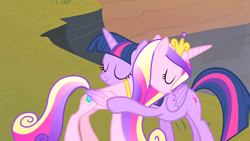 Size: 1920x1080 | Tagged: safe, screencap, princess cadance, twilight sparkle, alicorn, pony, g4, three's a crowd, cute, daaaaaaaaaaaw, duo, duo female, female, hug, mare, sisters-in-law, twilight sparkle (alicorn)