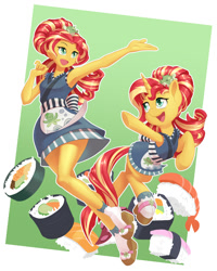 Size: 1100x1378 | Tagged: safe, artist:dstears, sunset shimmer, human, pony, unicorn, equestria girls, g4, good vibes, my little pony equestria girls: summertime shorts, clothes, cute, digital art, female, food, geta, human ponidox, kimono minidress, mare, open mouth, open smile, outstretched arms, outstretched hoof, self ponidox, shimmerbetes, shoe dangling, smiling, socks, sunset sushi, sushi