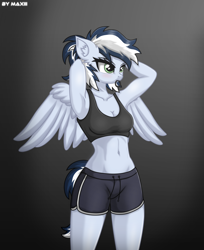 Size: 1630x1999 | Tagged: safe, artist:maxiclouds, oc, oc only, oc:maxi, pegasus, anthro, arm behind head, armpits, belly button, bra, breasts, cleavage, clothes, female, fitness, green eyes, grey fur, gym shorts, multicolored mane, multicolored tail, ponytail, shirt, shorts, side slit, solo, sports bra, tomboy, underwear, watermark, wings