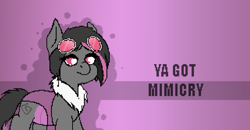 Size: 834x434 | Tagged: artist needed, safe, oc, oc only, oc:mimicry, original species, banned from equestria parody, goggles, parody, purple changeling, solo