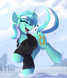 Size: 1500x1750 | Tagged: safe, artist:shadowreindeer, lyra heartstrings, pony, unicorn, fanfic:background pony, g4, clothes, cute, dancing, dig the swell hoodie, esophagus, eyes closed, female, happy, hoodie, lyrabetes, mare, music notes, open mouth, singing, slimy, solo