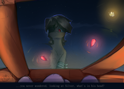 Size: 3000x2155 | Tagged: safe, artist:luneinspace, oc, oc:silver gleam, pony, glowworm, high res, inscriptions, lonely, lyrics, lyrics in the description, moon, night, pier, reflection, sad, sitting, story, text