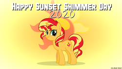 Size: 2560x1440 | Tagged: safe, artist:faze-alan-mskull2019, sunset shimmer, pony, unicorn, g4, cute, faic, female, mare, smiling, smirk, solo, sunset shimmer day, twiface