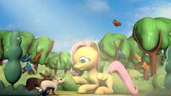 Size: 1920x1080 | Tagged: safe, artist:snow swirl, fluttershy, butterfly, pegasus, pony, rabbit, squirrel, g4, the cutie mark chronicles, 3d, animal, female, solo, source filmmaker, tree