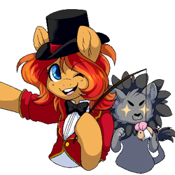 Size: 400x400 | Tagged: safe, artist:sethisto, oc, oc only, oc:peanut bucker, big cat, cat, earth pony, lion, mouse, pony, bowtie, clothes, duo, earth pony oc, eyes on the prize, female, fishing rod, hat, lure, mare, open mouth, pixel art, simple background, smiling, starry eyes, top hat, transparent background, wingding eyes