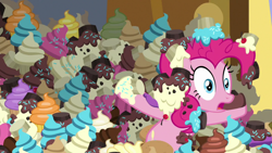 Size: 1920x1080 | Tagged: safe, screencap, pinkie pie, earth pony, pony, g4, the ending of the end, cupcake, female, food, solo